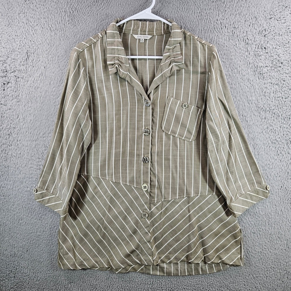 John Mark Womens M Striped Button Down Shirt Ruffle Collar 3/4 Sleeve Green